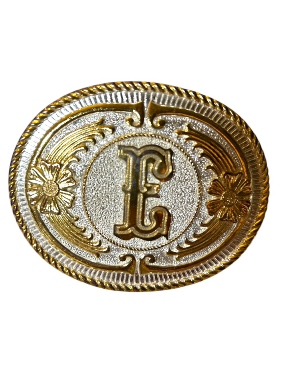Gold and Silver Western Buckle with Letter E Measures 3’ x 4.’